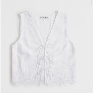 Linen-blend tie front eyelet top